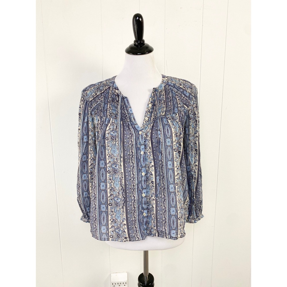 DOEN Blue Paisley Floral Cotton Button Down Blouse Top Sz XS Boho Cottagecore **